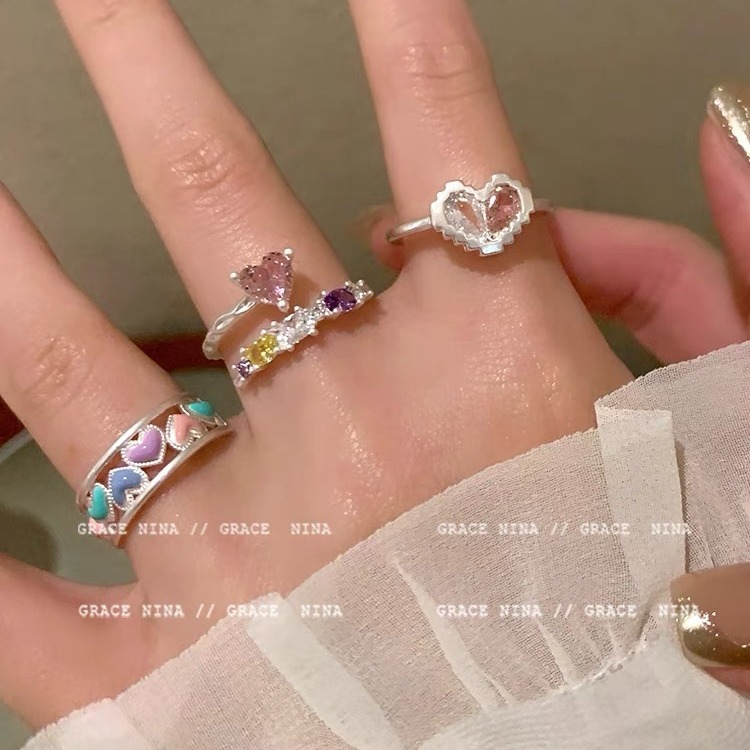 合金亚克力戒指 少女心饰~甜蜜爱心戒指女小众设计轻奢情侣闺蜜