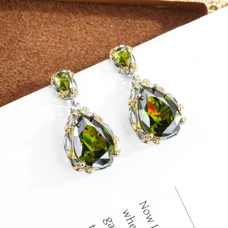 铜合金合成锆石耳饰 铜合金合成立方氧化锆小众绿色耳饰7152-1