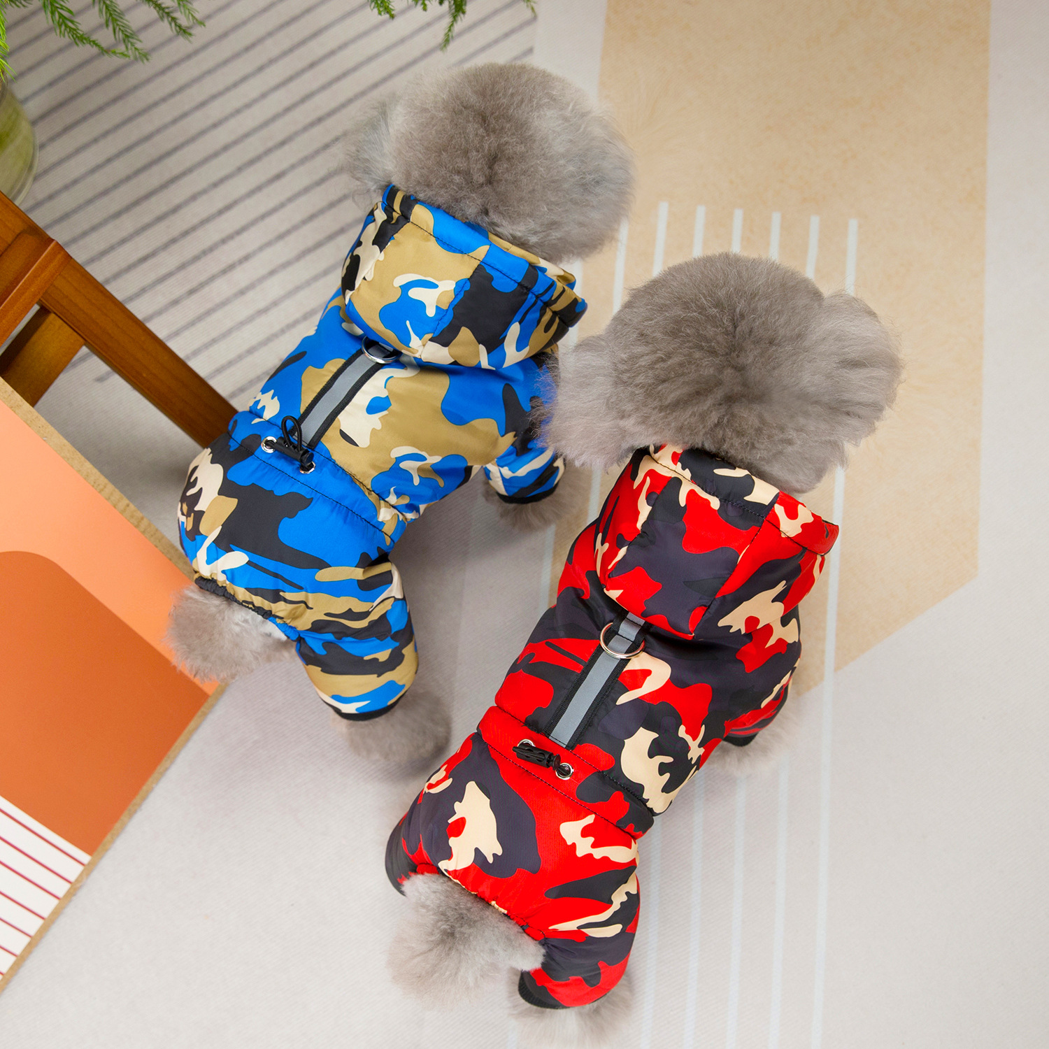 迷彩印花宠物衣服加绒加厚雪纳瑞比熊冬天保暖24拉扣迷彩四腿棉衣
