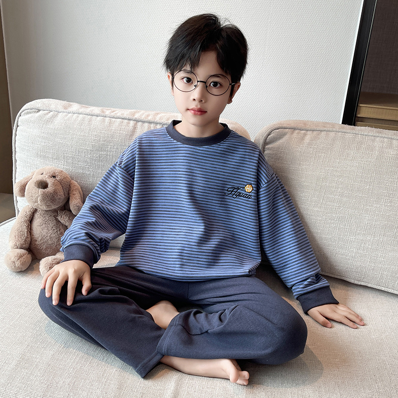 男童秋冬装长袖德绒睡衣中大童条纹家居服儿童宽松休闲套头两件套