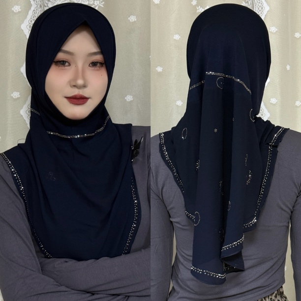 SF54·高级感烫钻拼接雪纺套头（送蝴蝶别针+珍珠扣）