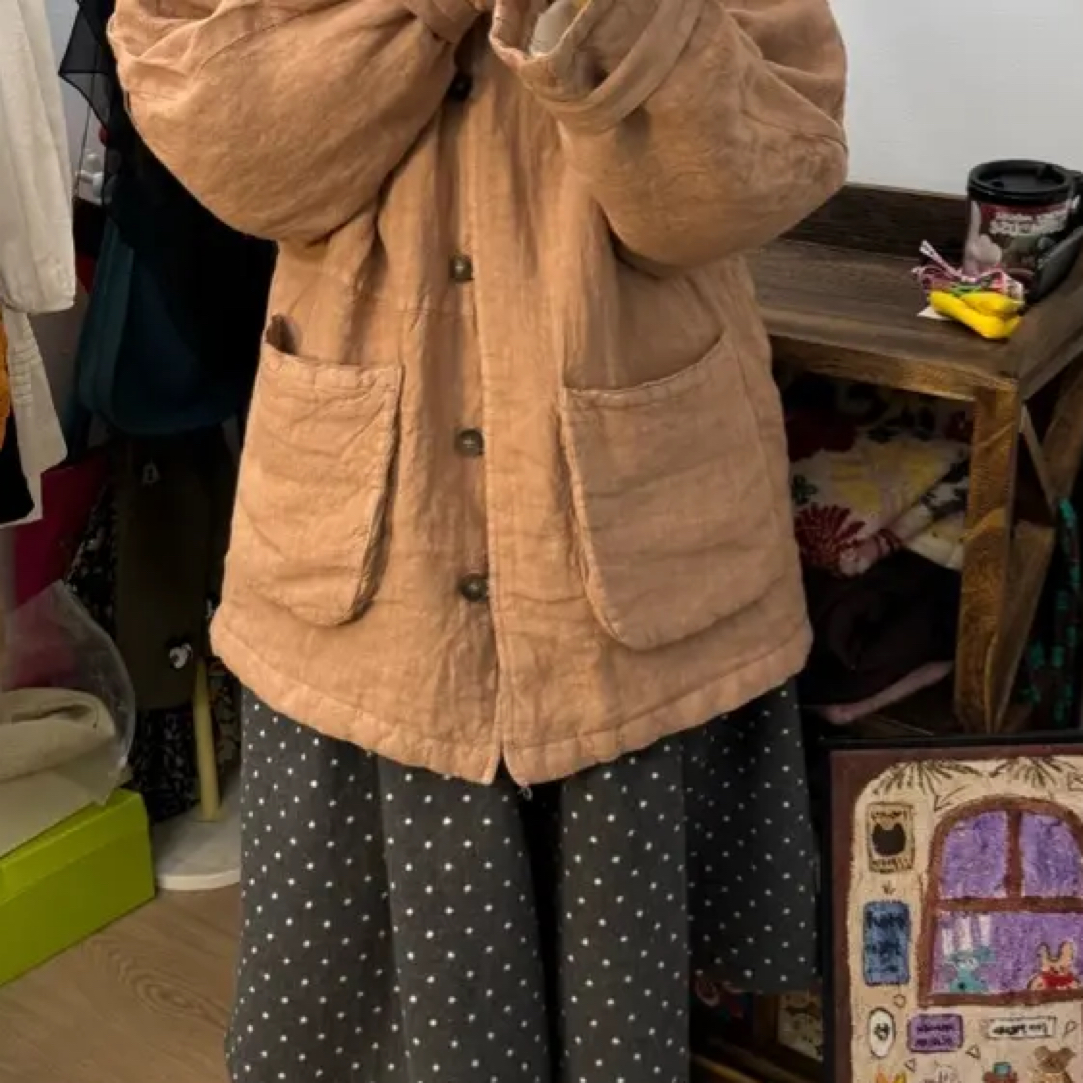 秋冬复古休闲亚麻拼接立领保暖棉服女外套