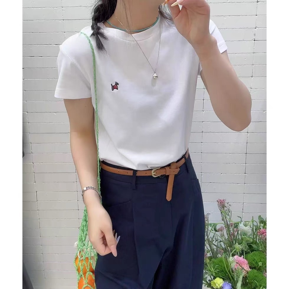 76380#正肩小狗刺绣t修身显瘦2025新款圆领短袖休闲百搭上衣通勤