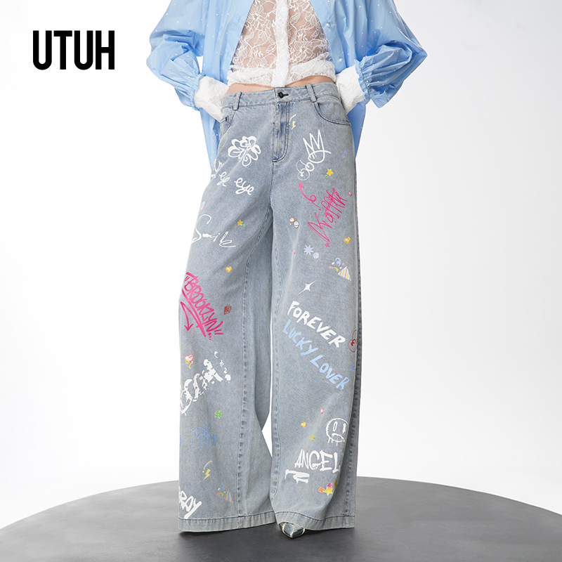UTUH 蓝色趣味彩色涂鸦印染牛仔长裤2025春夏新款 TUWWS1K067