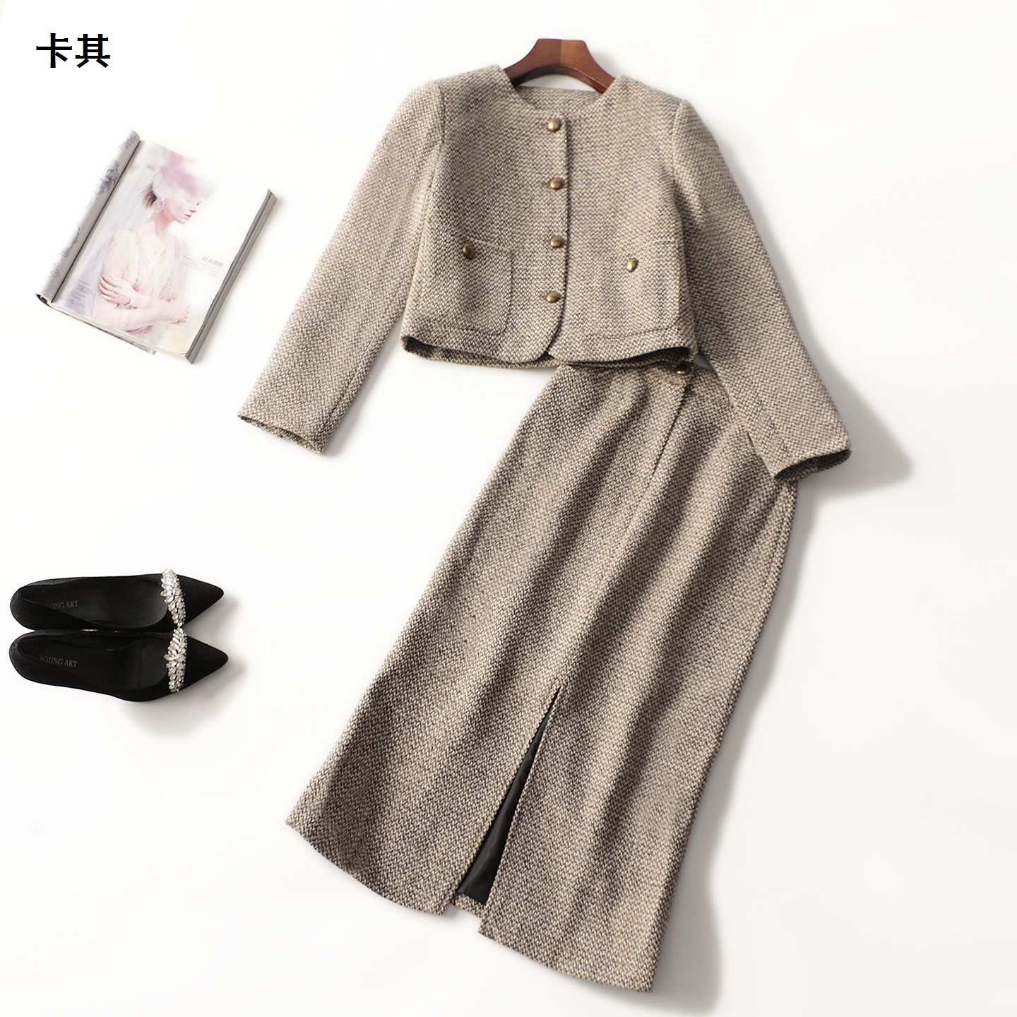 247790冬中长款长袖单排扣外套半身裙套装
