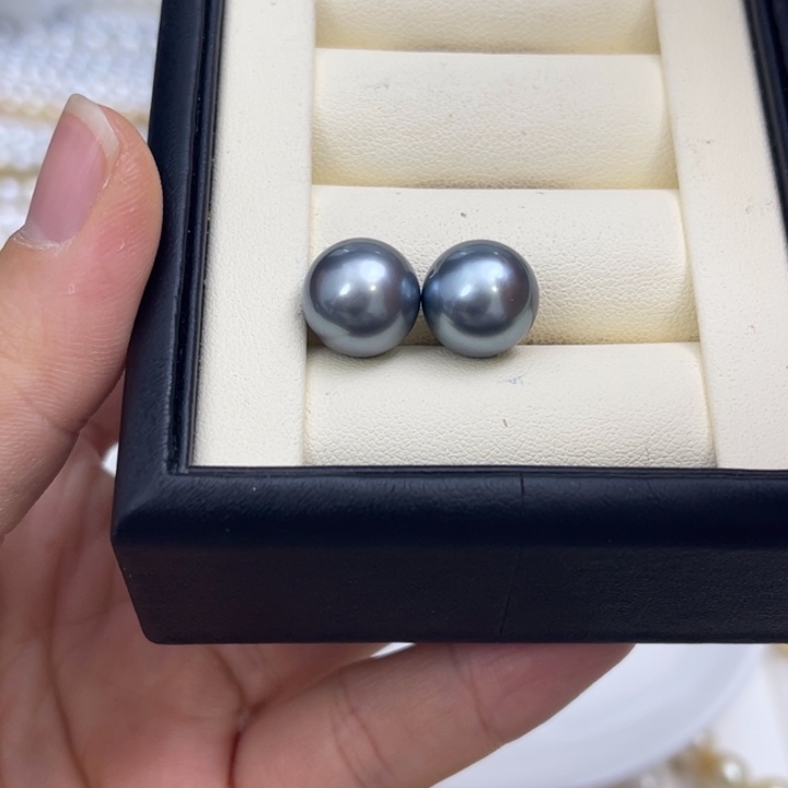 海水珍珠耳饰银S925镶嵌铂金灰素钉12-13mm