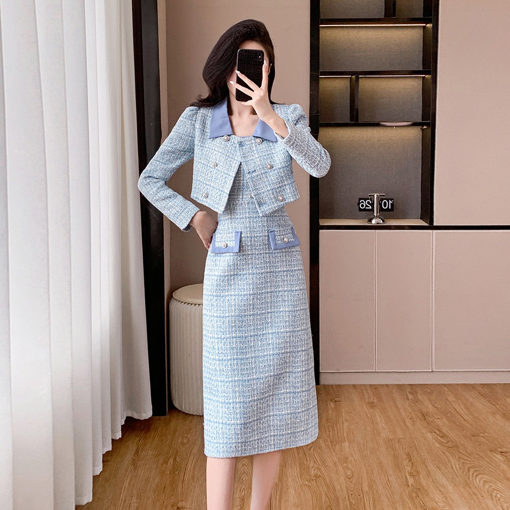 实拍秋冬新款拼接优雅小香风短外套连衣裙两件套