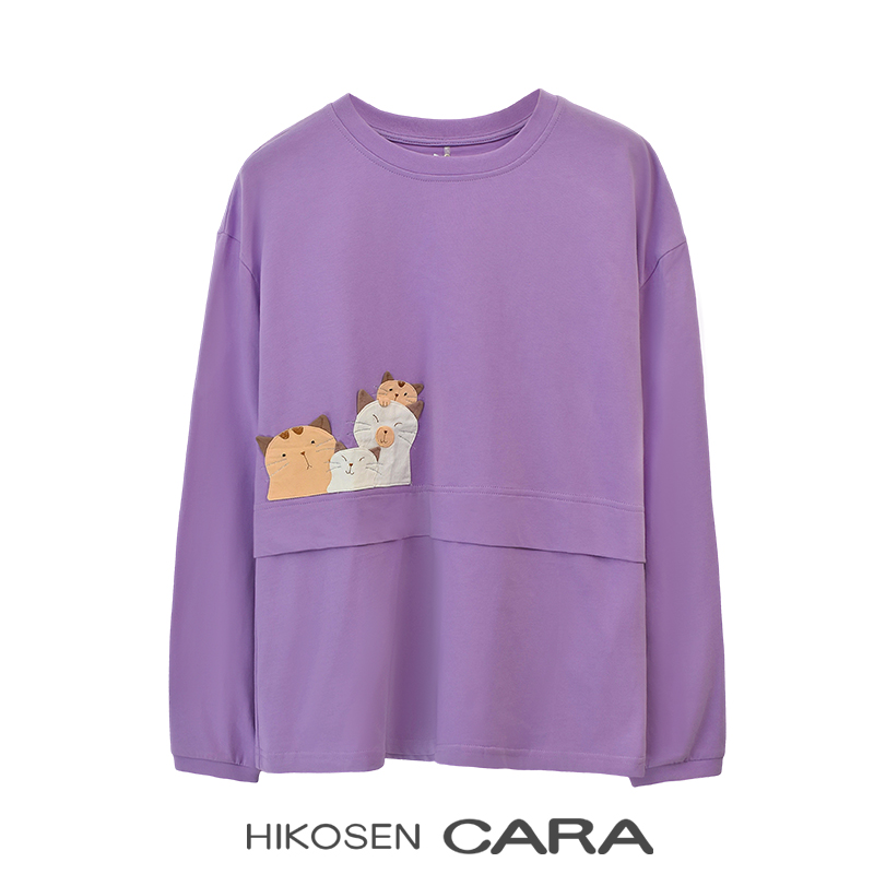 HIKOSEN CARA/卡拉猫全家福猫猫百搭拼接长袖T恤春秋圆领套头