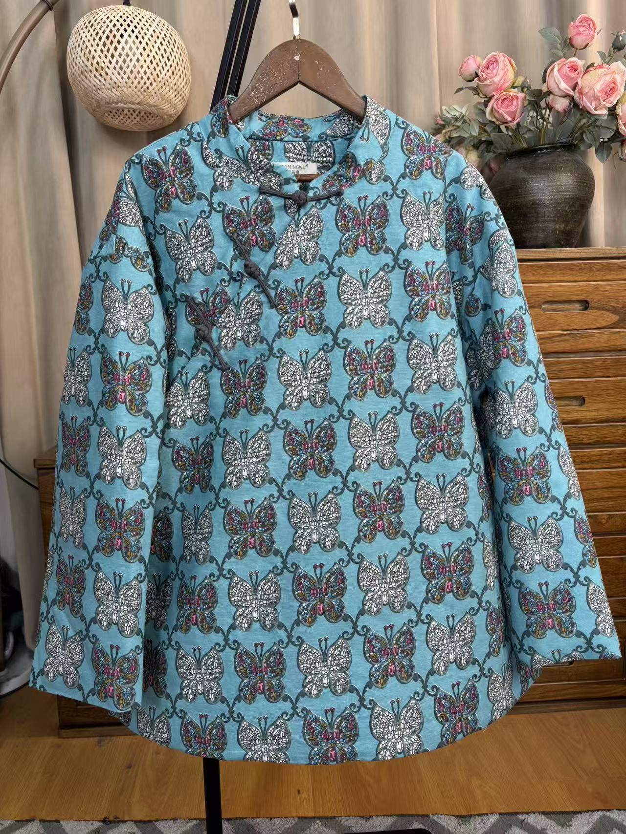 中国风女士印花保暖冬季立领花色满印蓝色时尚亚麻手工