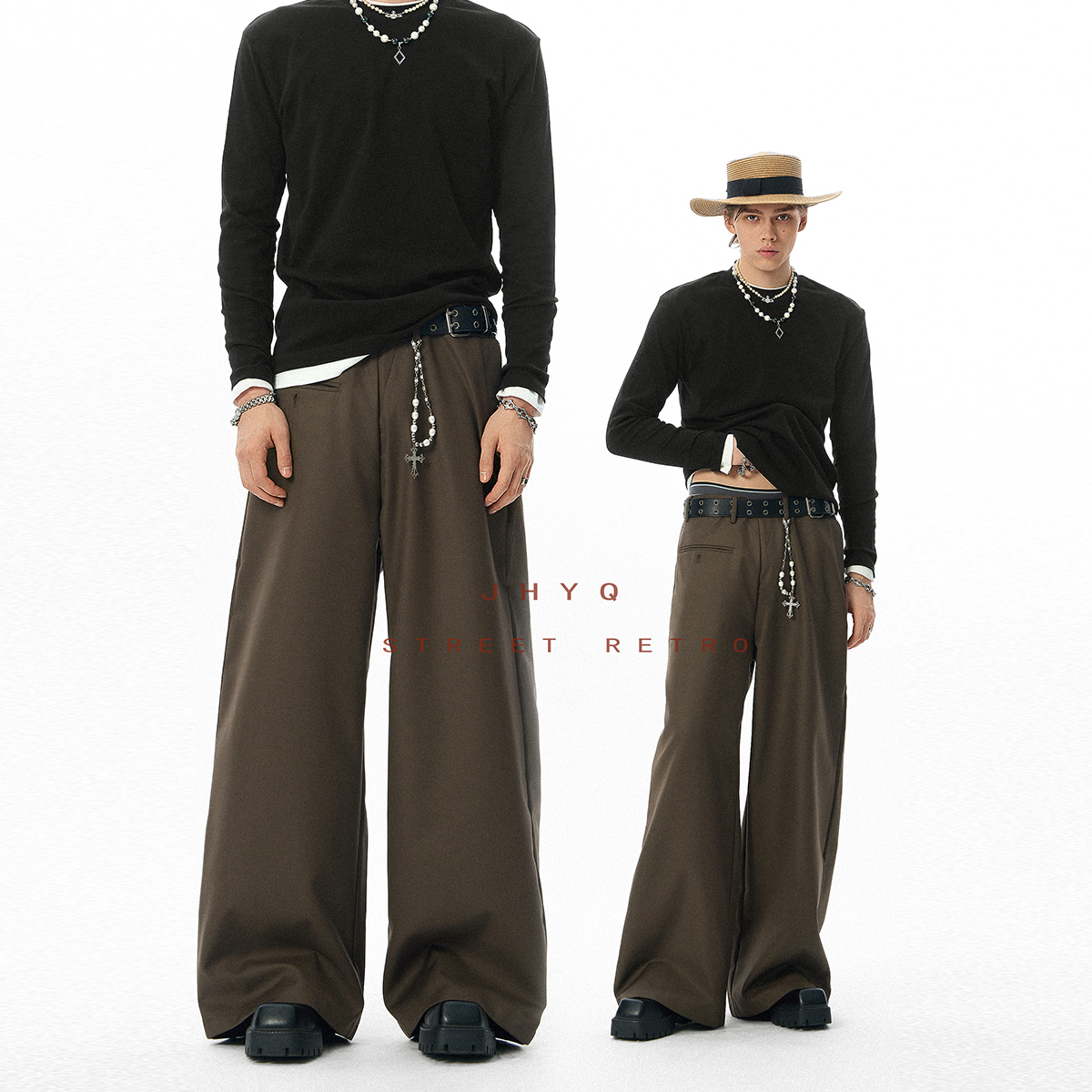 【JHYQ】美式休闲西裤男宽松直筒垂感阔腿拖地前贴袋通勤长裤子6811