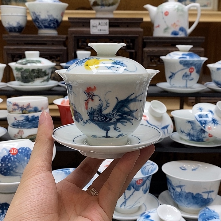 手绘公鸡盖碗160cc釉下彩微瑕福利款