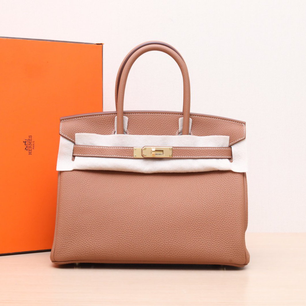 99新 Hermes/爱马仕 小花柳 Birkin 30 金棕色 Tg皮Y刻金扣包