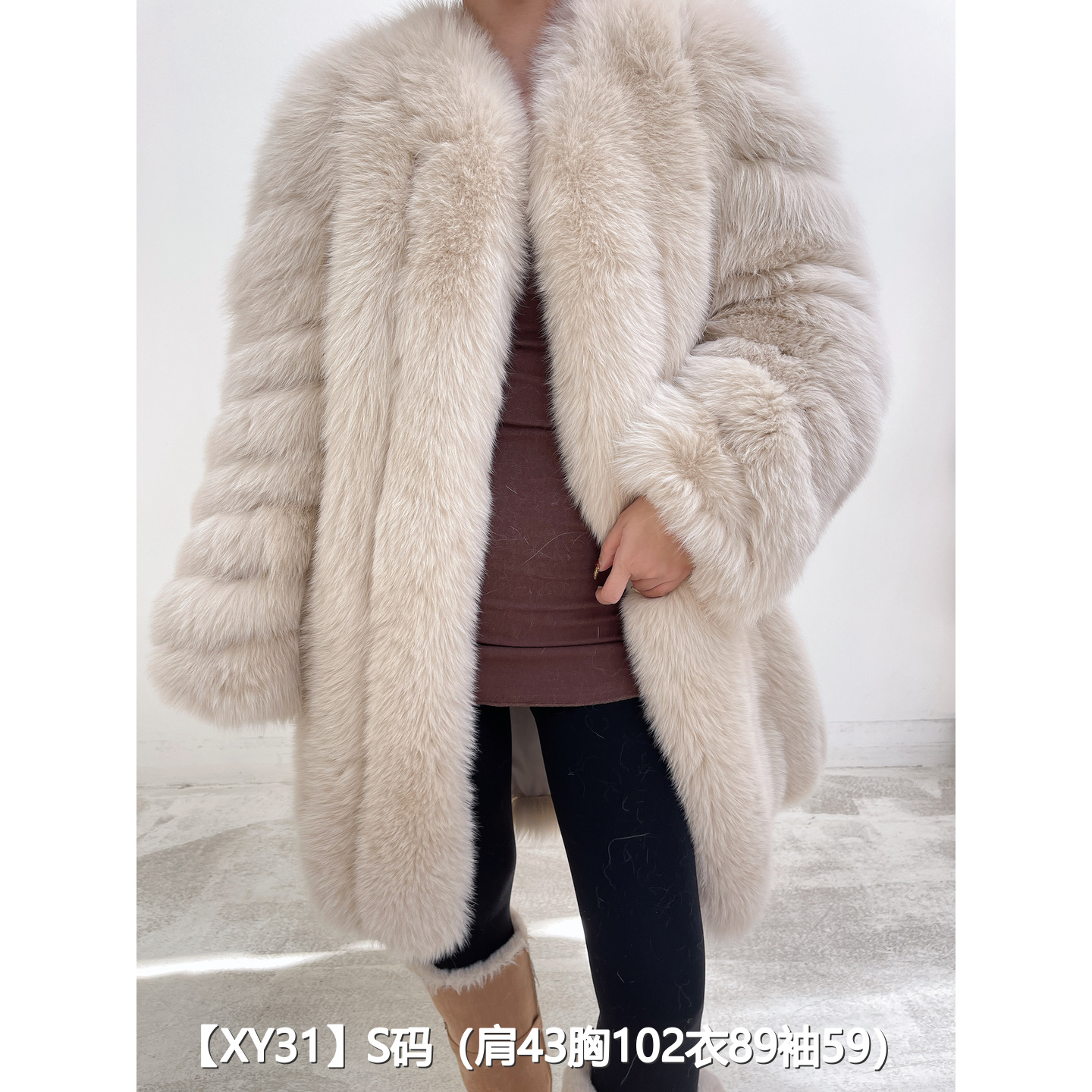 【XY31】S 杏色狐中长款竖条狐狸毛大衣女 V领斜纹袖 60031