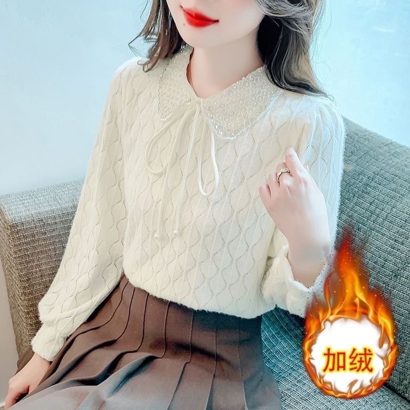 宽松型POLO领常规款蕾丝打底衫春秋气质上衣内搭衬衫加绒保暖上衣