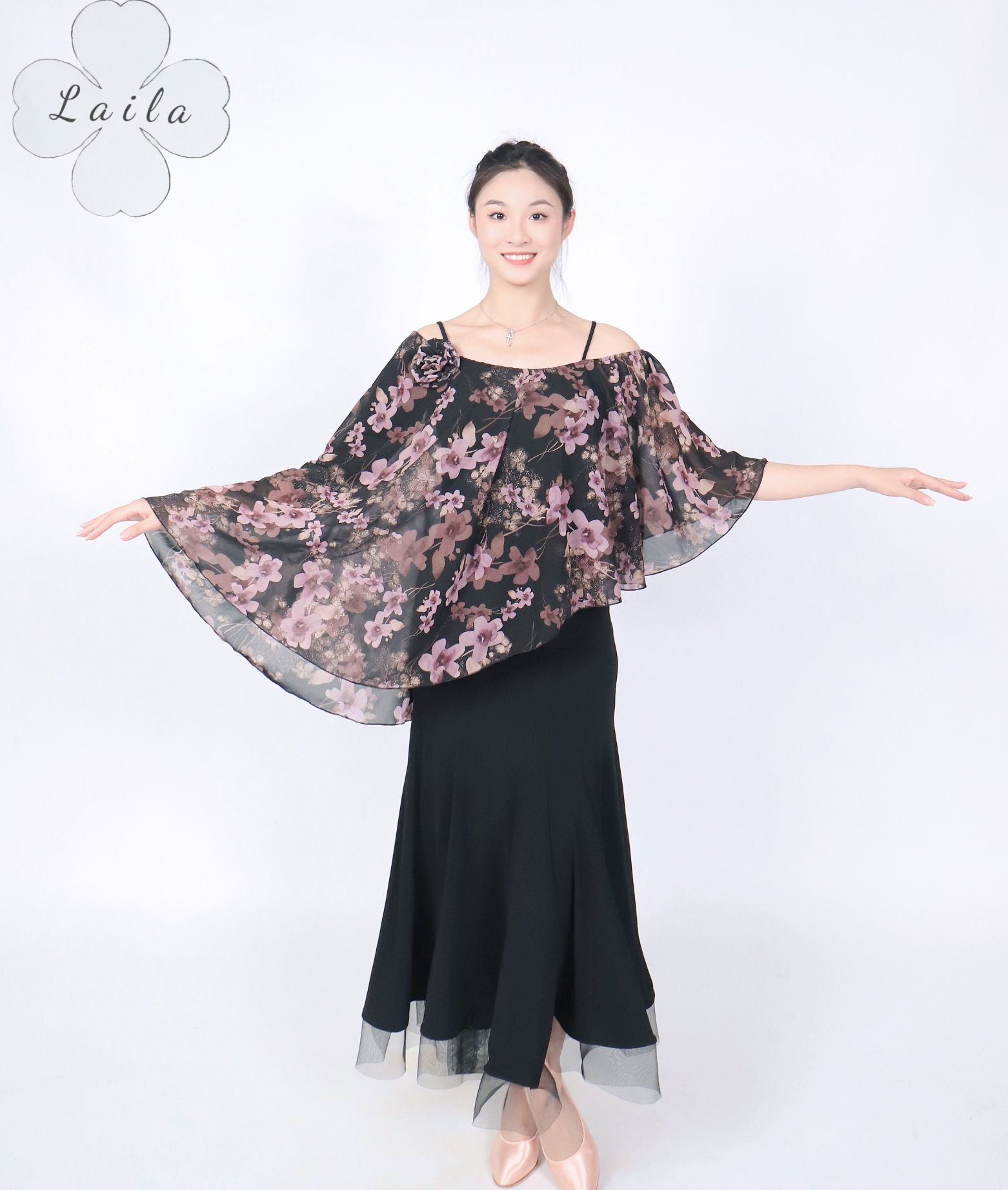 Laila摩登舞服新款《浮光掠影》黑粉色夏季斜裁雪纺摩登拉丁练习服