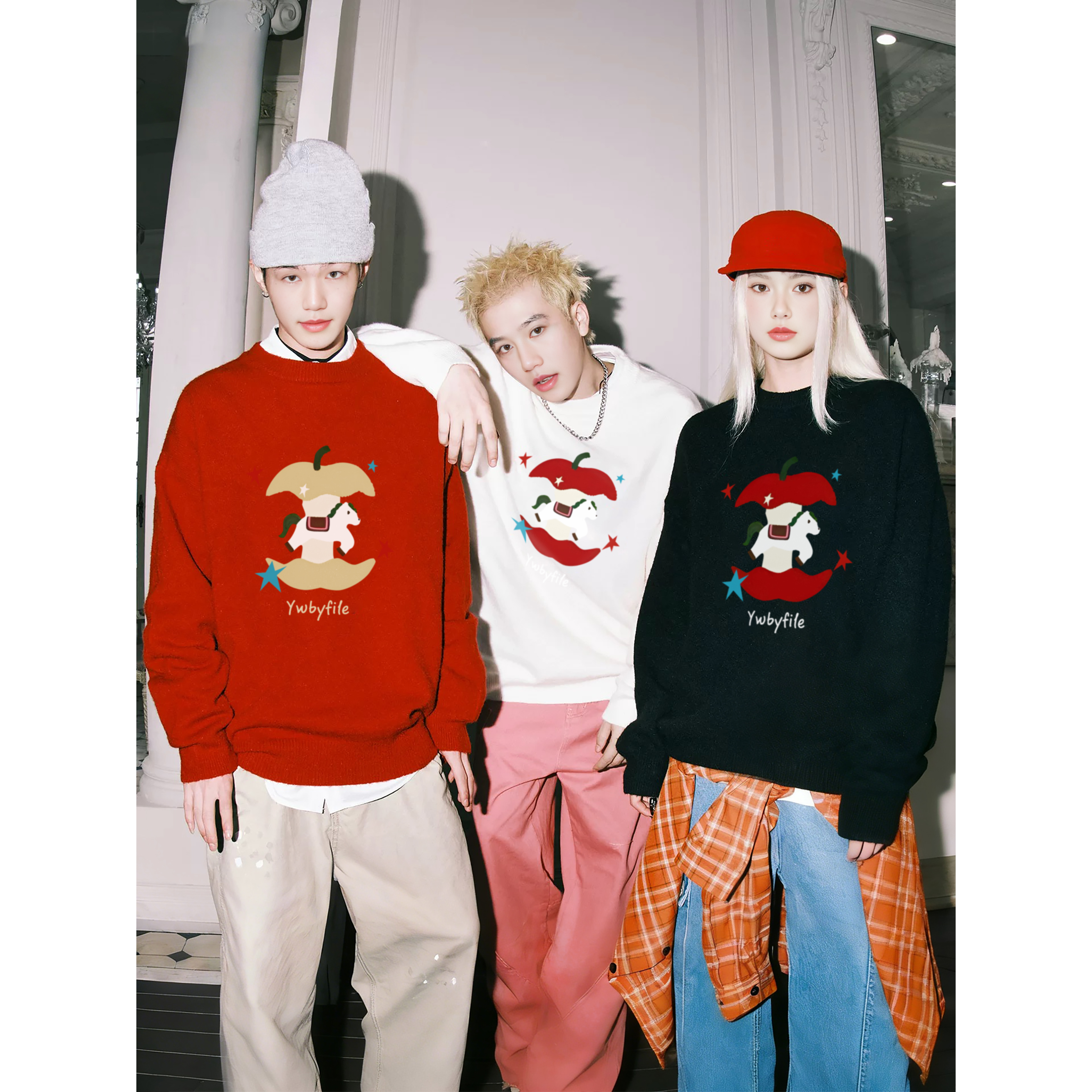 YWBY秋冬新款复古时尚印花打底衫上衣男女款慵懒风休闲圆领毛衣