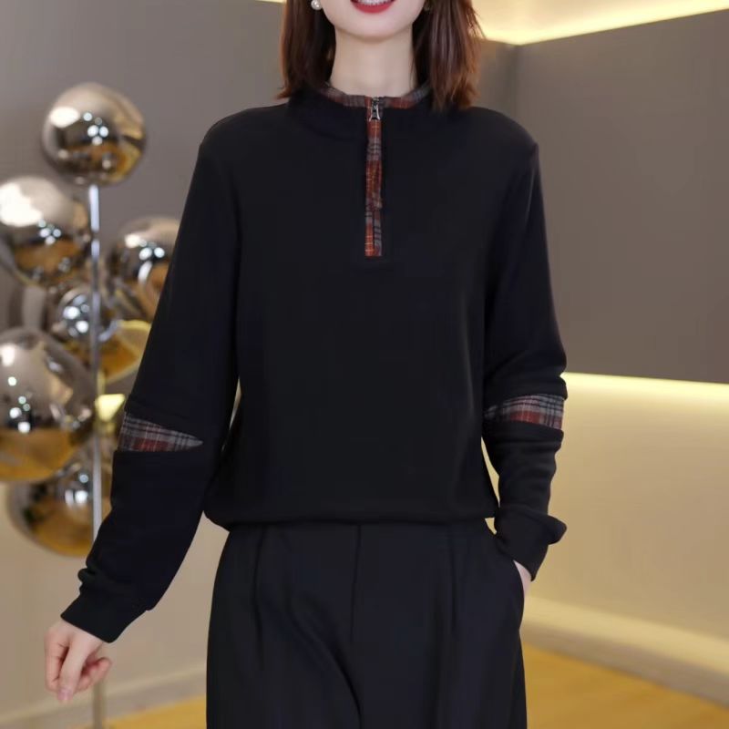 【48小时速发】女士格子拼接打底衫长袖套头拉链