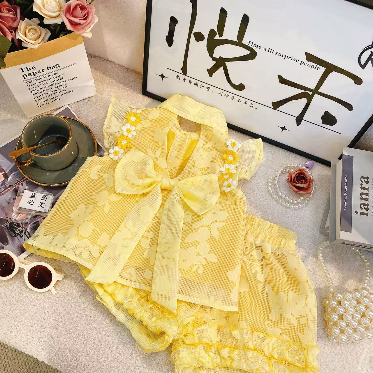 SH新款夏季女童黄色时尚女儿童宝甜美小花洋气无袖套装80166
