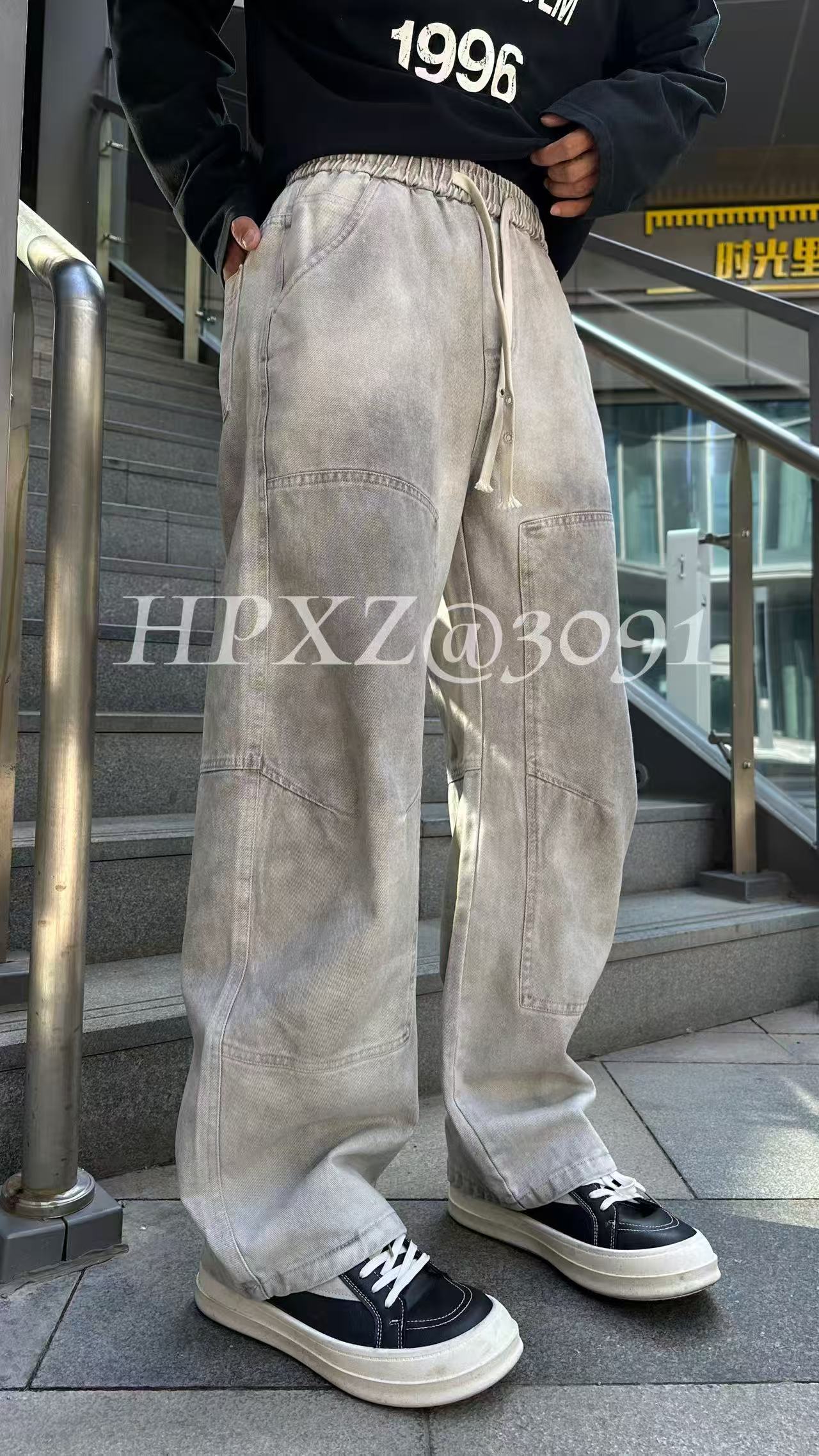 拼接长裤做旧水洗阔腿裤速干休闲裤秋季复古微弹扎染