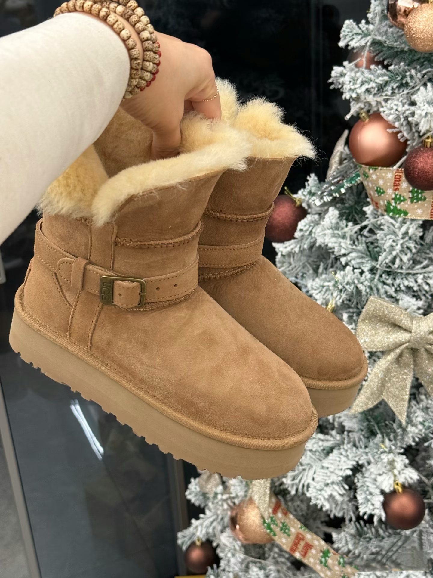 K【短筒骑士靴四公分】桑坡皮毛一体雪地靴时尚百搭