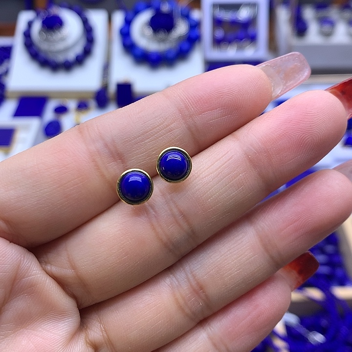 青金石耳钉银S925镀金镶嵌