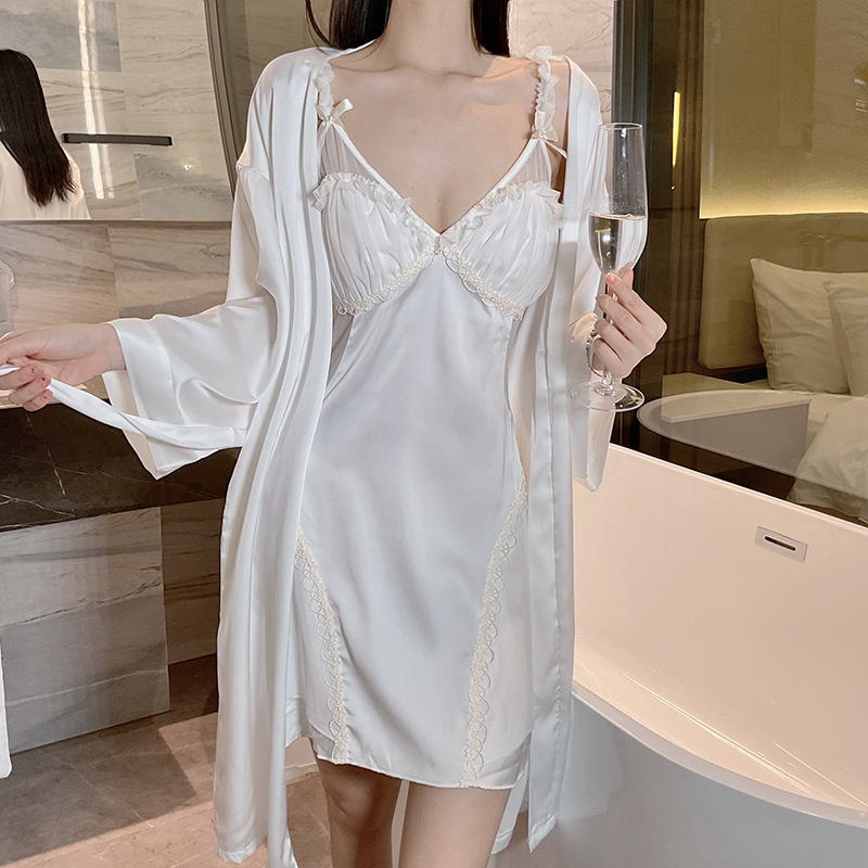 唯美纱木耳花边吊带睡裙家居睡裙套装缎面拼纱透气纯欲睡衣