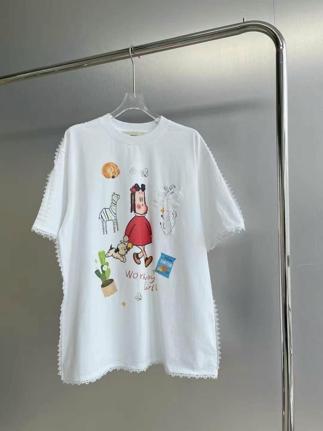 25夏季新款南油小众原创设计立体蝴蝶结花边卡通印花短袖T恤上衣