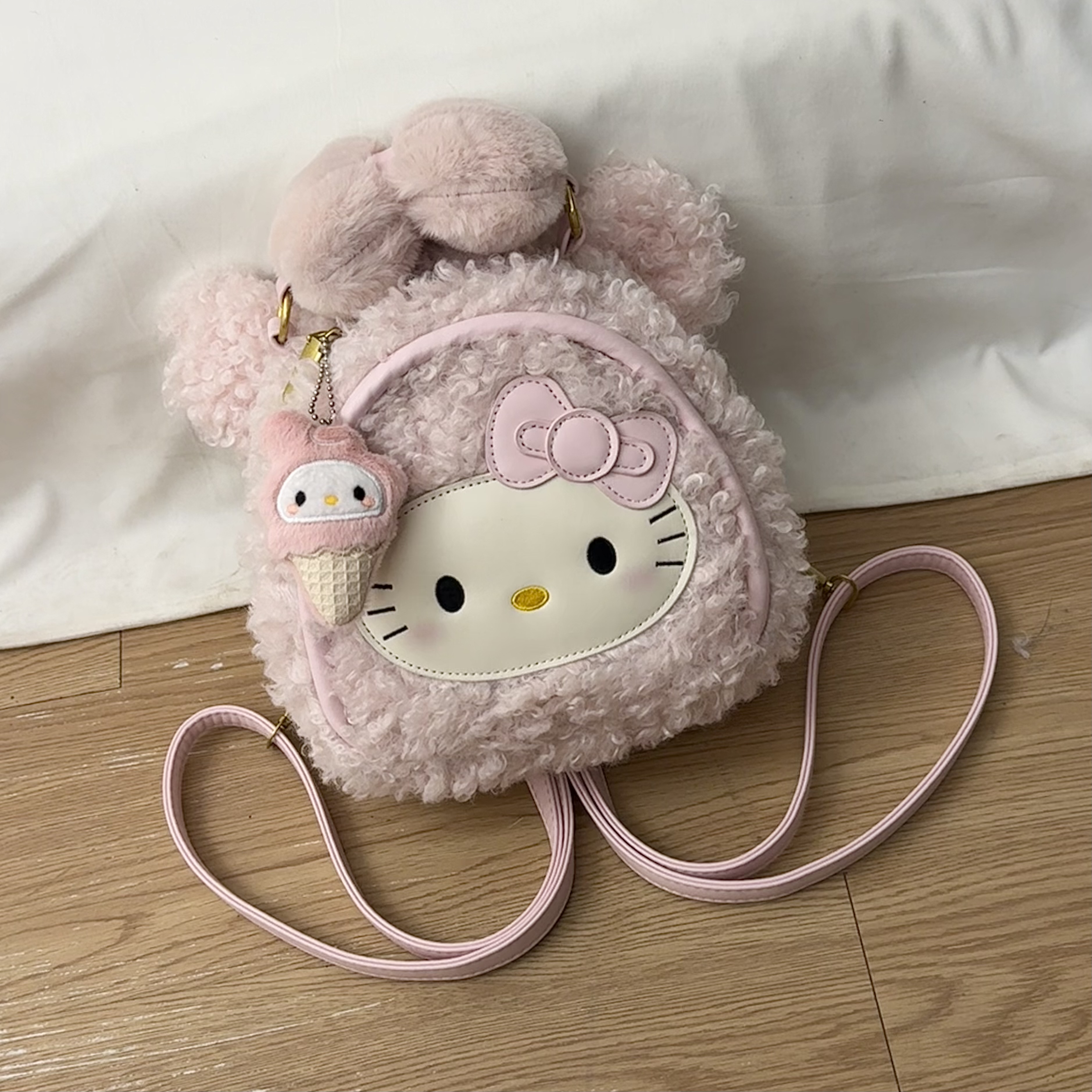 可爱卷毛Kitty蝴蝶结软萌设计感简约时尚百搭小众双肩手提包包