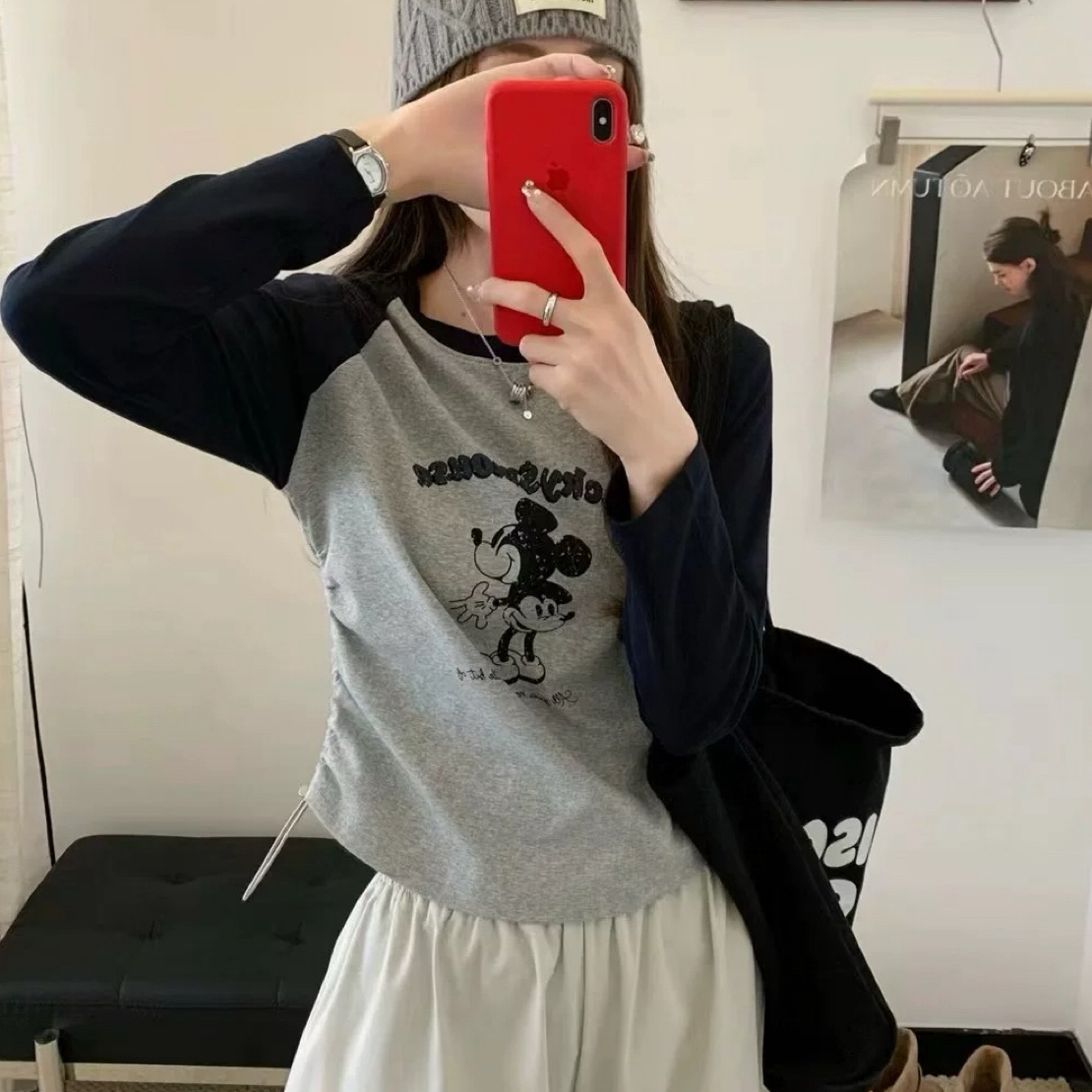 2025早秋新款拼色小个子修身抽绳卡通米奇印花圆领长袖T恤女休闲
