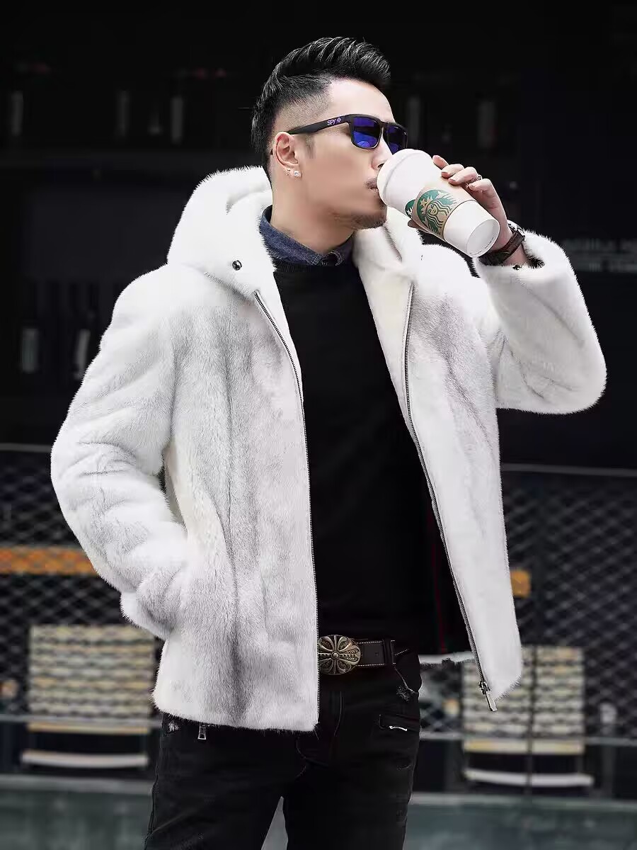 2025轻奢丹麦进口银十字貂貂皮男装拉链连帽短款整貂水貂皮草