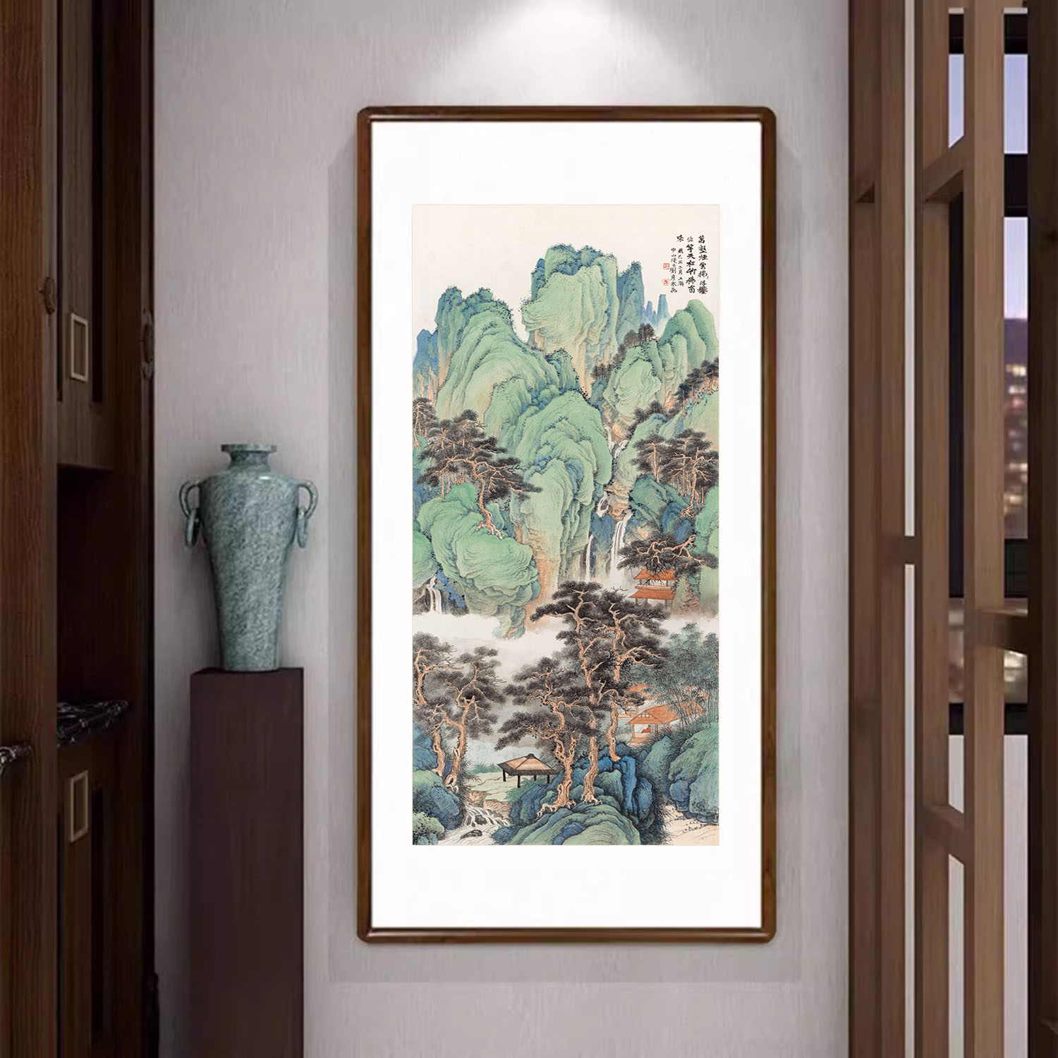 青绿山水画新中式竖版装饰画客厅玄关壁画办公室书房大气靠山挂画