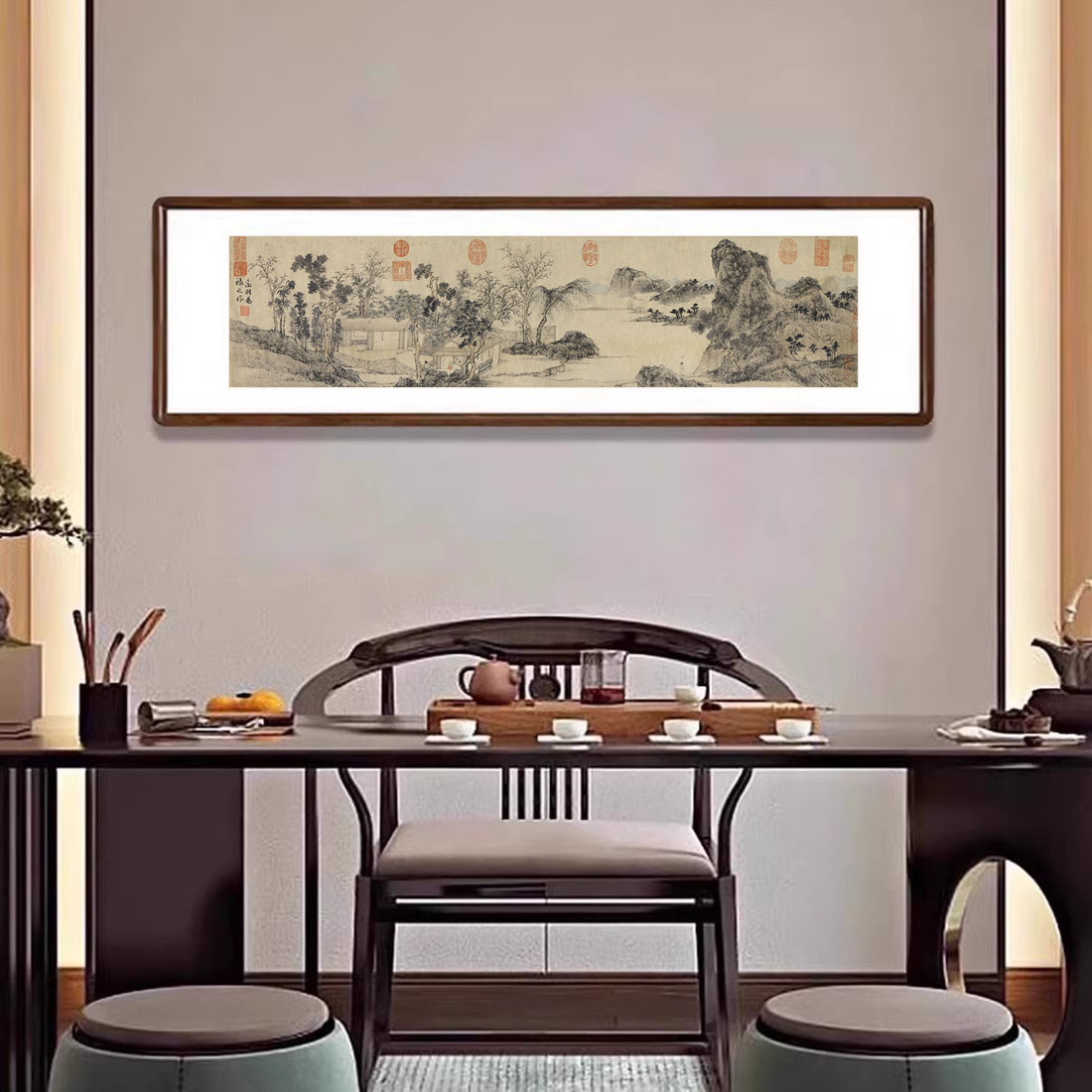 名家字画林榭煎茶图国画山水画新中式客厅壁画茶室酒店复古装饰画