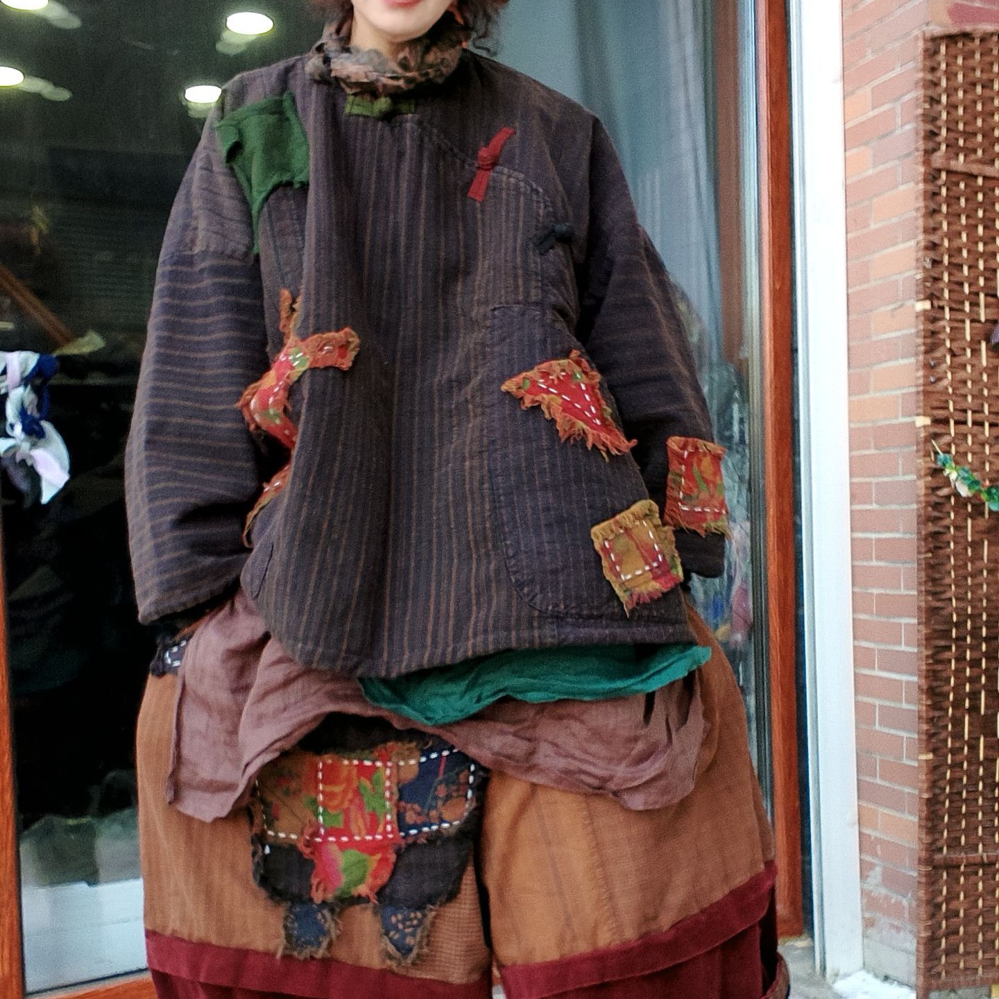 无吊牌做旧炒色老布盘扣补丁宽松薄棉服条纹色随机发介意勿拍