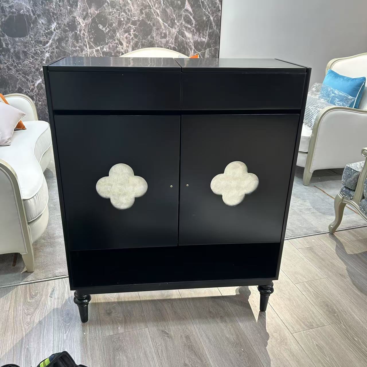 中古风黑色全实木鞋柜翻盖两门贝壳储物柜