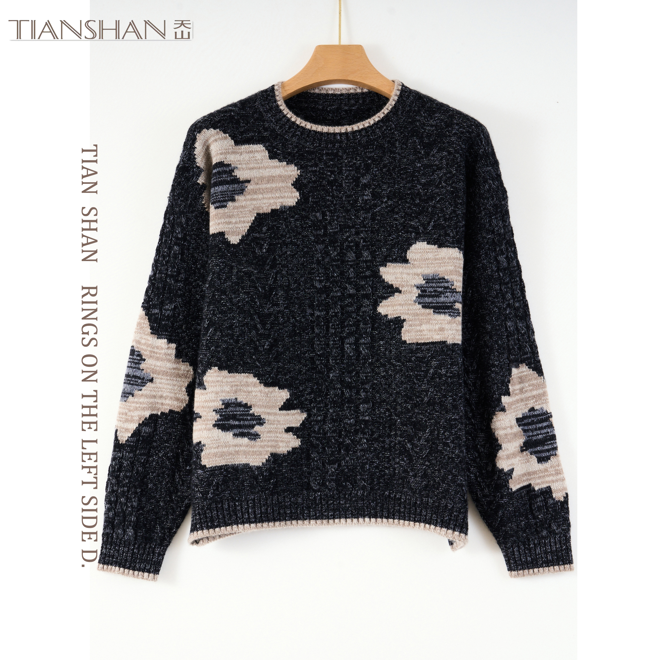 天山甄选【100山羊绒】女士针织圆领提花撞色女士羊绒衫-YTNL5391T