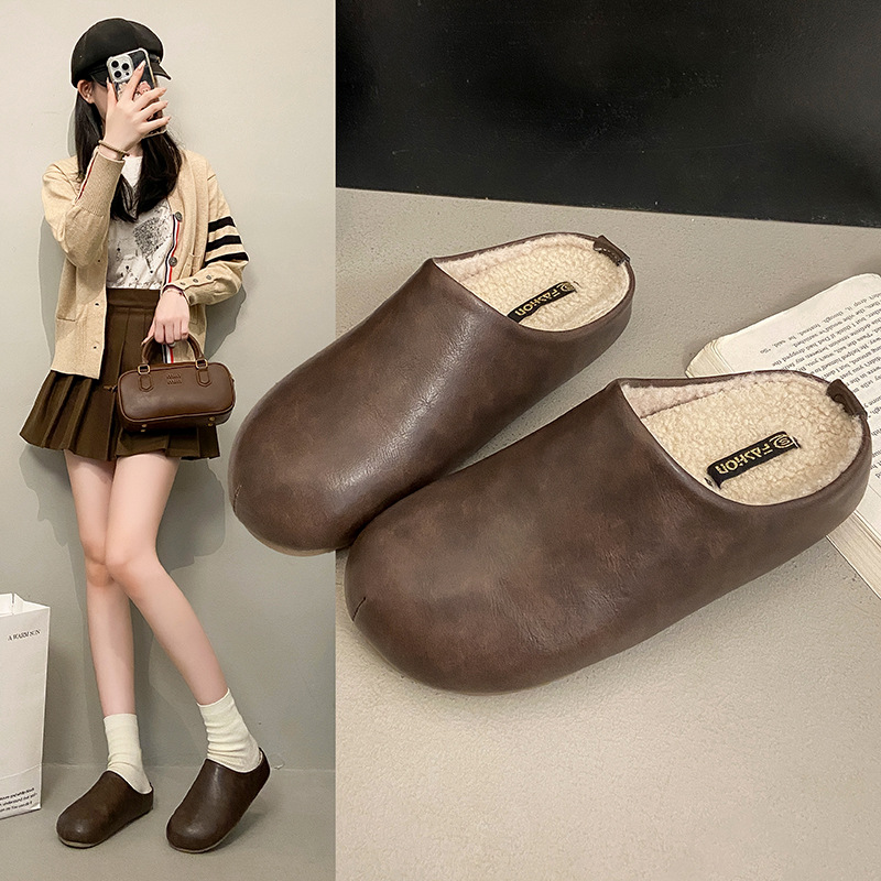 大码女鞋41-42皮面包头厚底加绒半拖女鞋秋冬软底休闲外穿勃肯拖