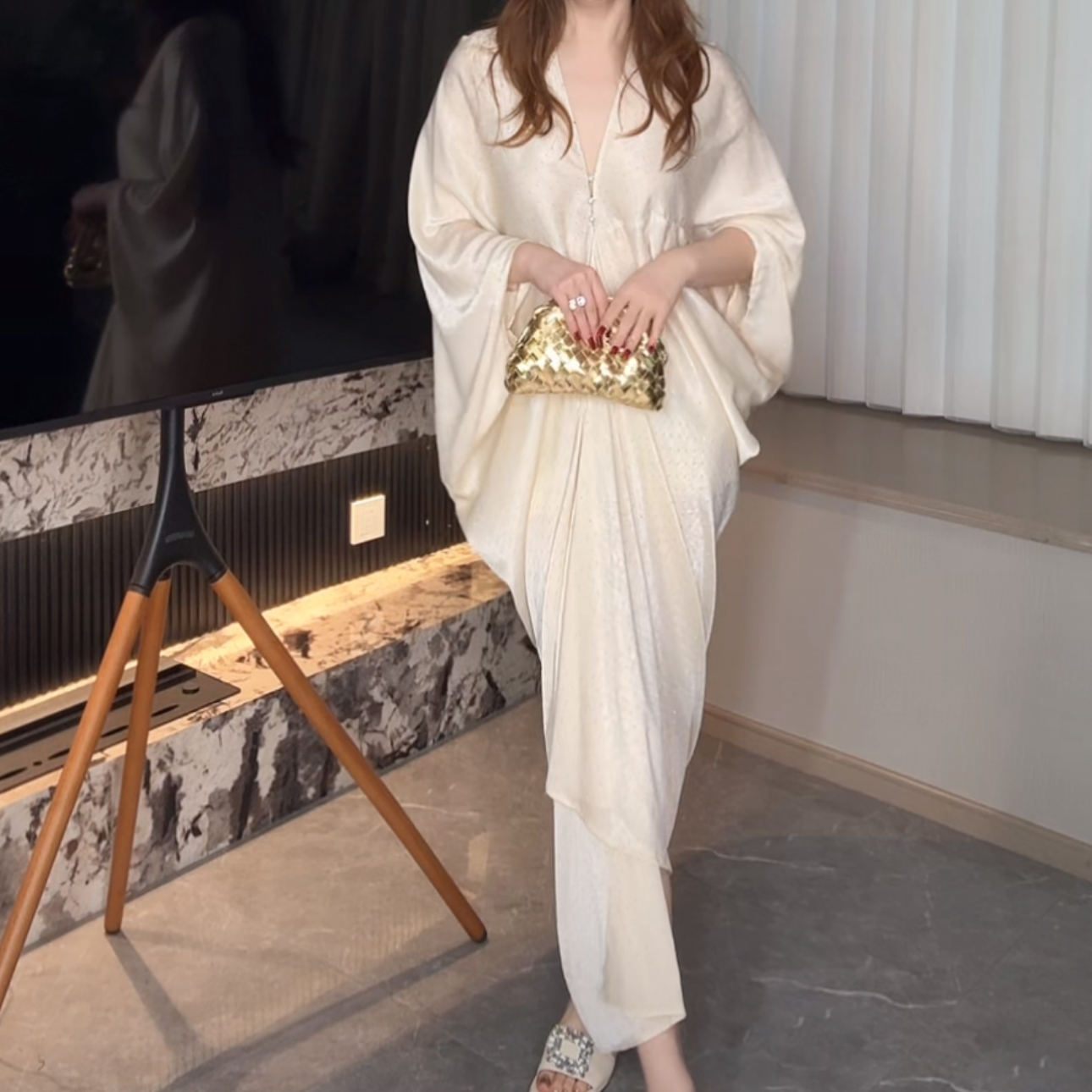 【奢也】奢华细钻缎感遮肉显瘦连衣裙迪拜裙