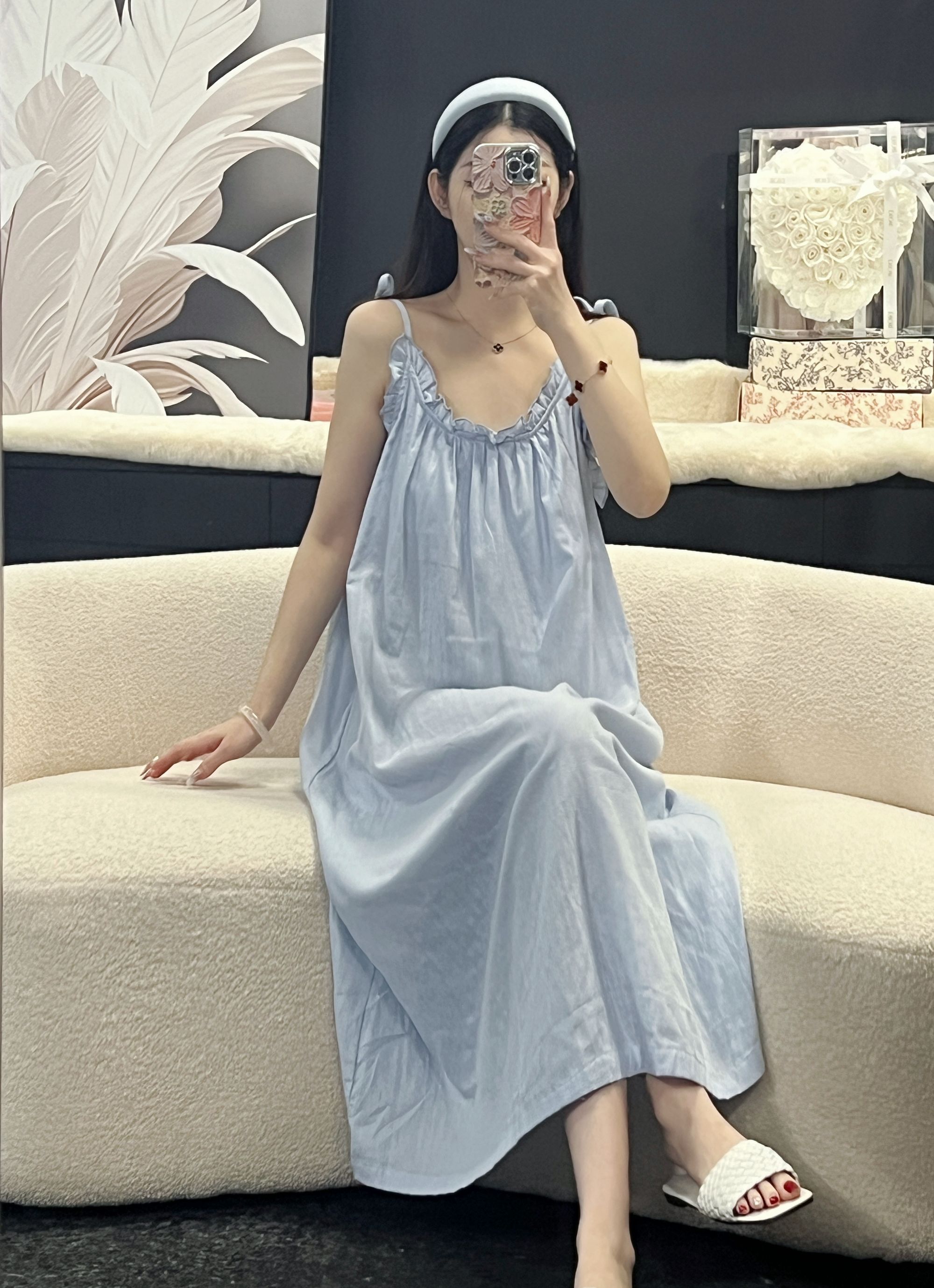 蓝色长裙家居服纯眠睡衣裙秋季网红套装宽松显瘦中长款睡裙