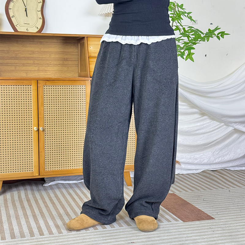 2025年冬季新款加绒阔腿裤子宽松百搭加棉加厚纯色休闲裤女K7802