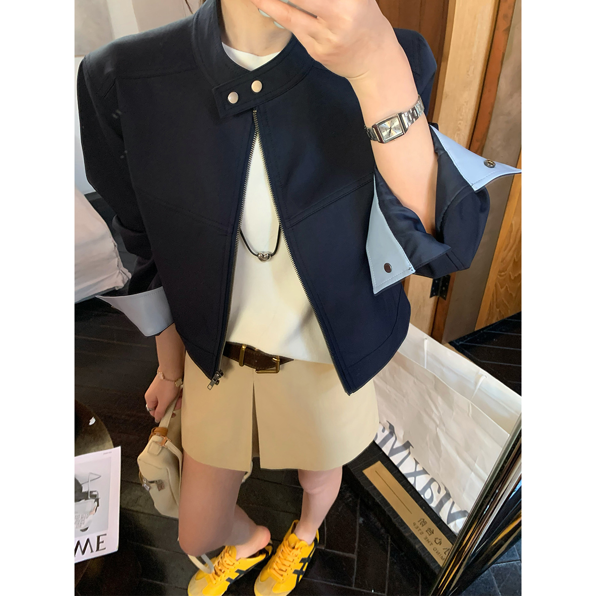 美式立领藏青色短款外套飞行夹克女早秋新款百搭复古机车气质上衣