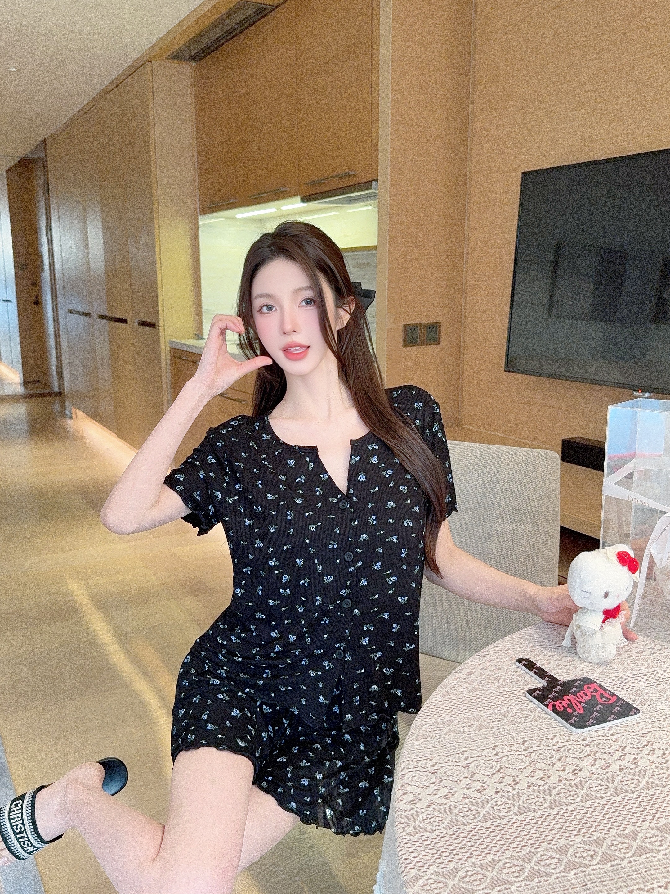 【带胸垫】韩系碎花睡衣女夏季可外穿莫代尔甜美短袖短裤家居服新款