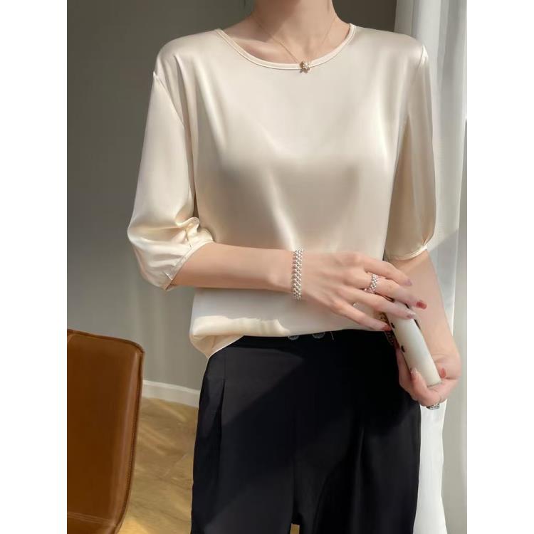 夏季新款真丝短袖圆领桑蚕丝t恤女中袖五分袖上衣短款