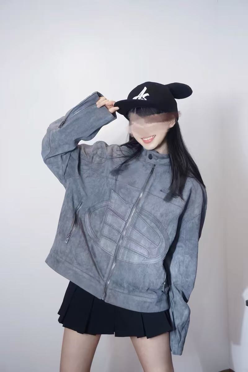 B.美式刺绣logo机车夹克复古外套~~