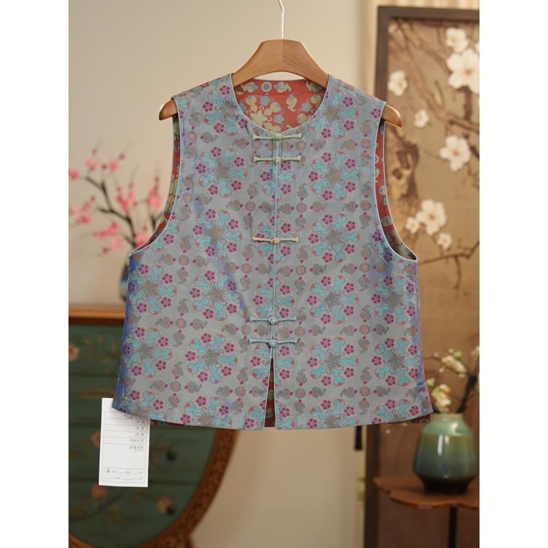 2025秋冬款100%桑蚕丝新中式蜀锦五湖四海马甲对花双面双穿25219