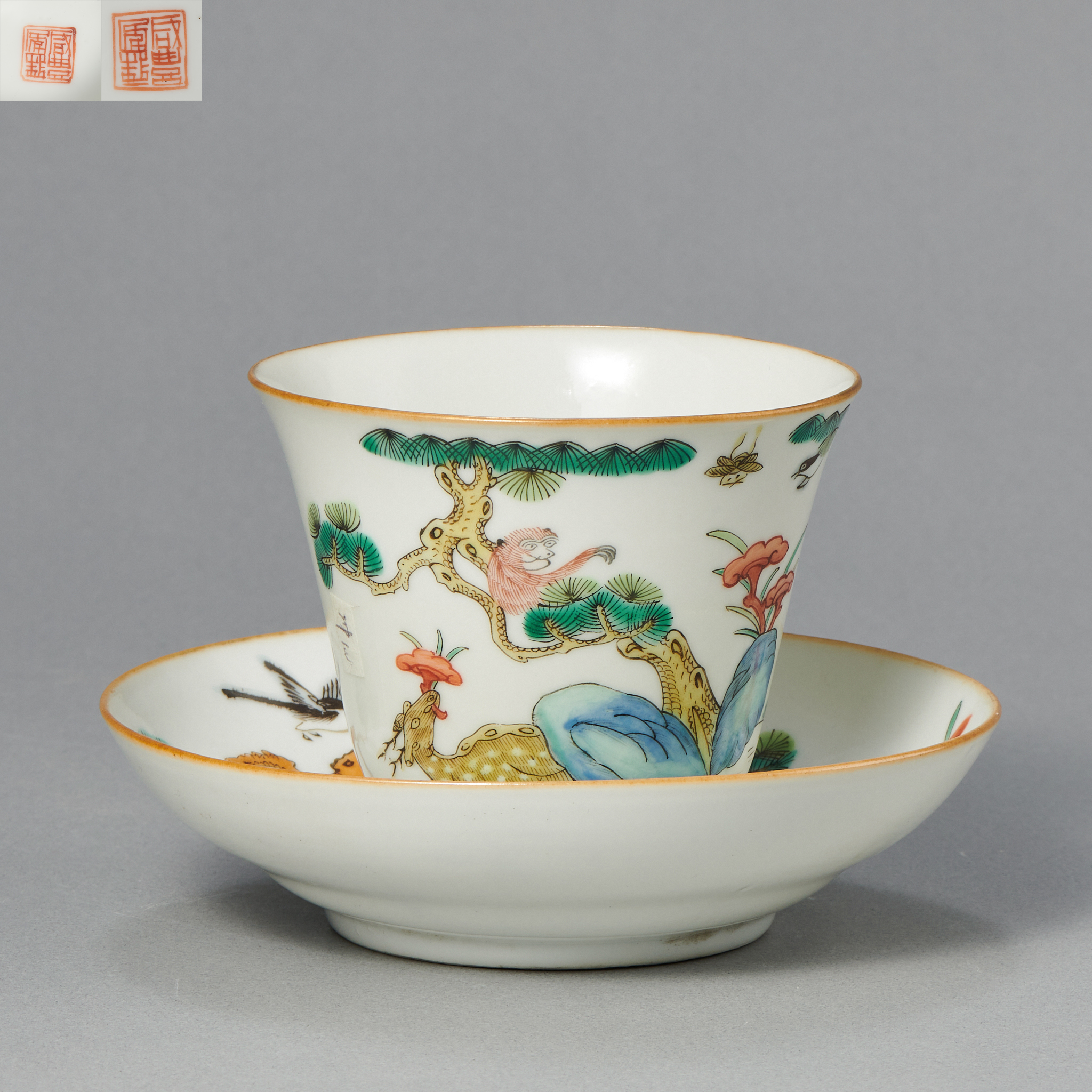 LOT120 清 粉彩喜禄封侯杯盘一组