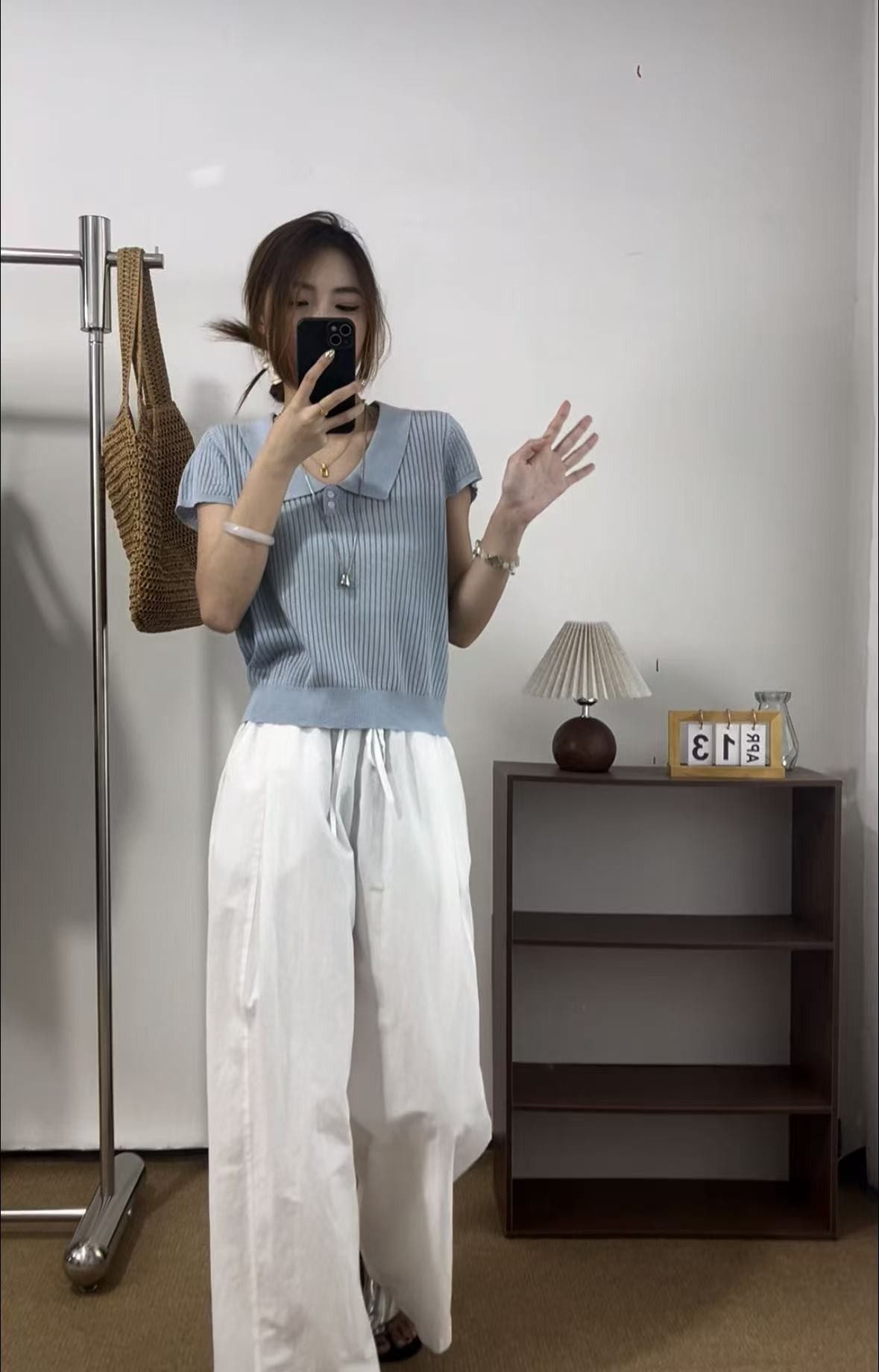 2025夏季新款森系娃娃领时尚百搭翻领短袖冰丝针织衫女上衣休闲