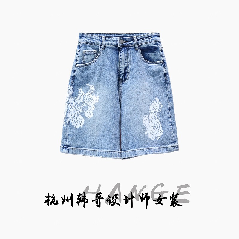 【韩哥女装】2025欧版《凌风》水洗蓝重工撞色印花牛仔短裤7271-H3