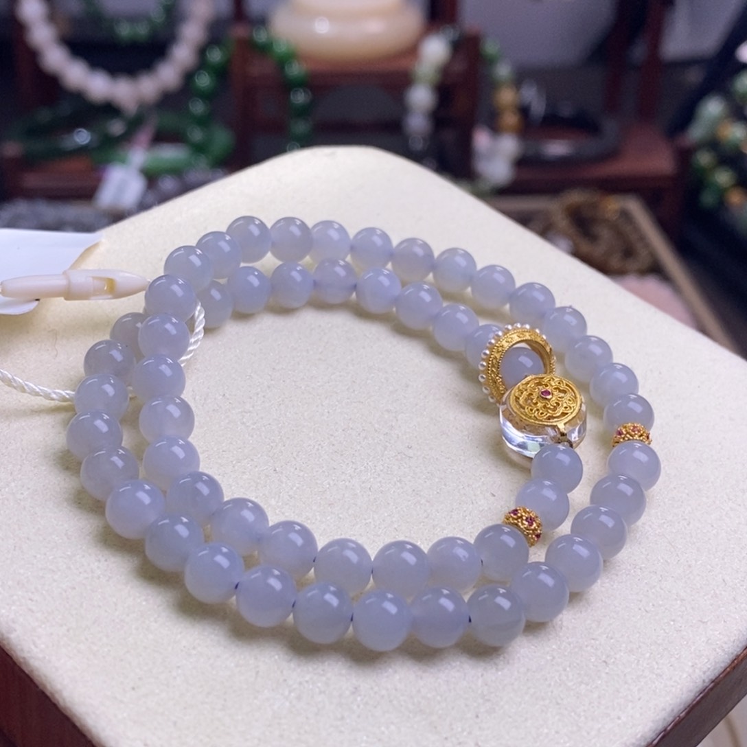 和田玉精品烟紫老矿料高冰仙紫两圈手链6m未镶嵌