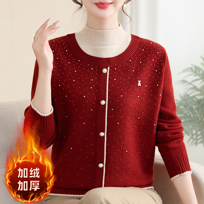 【加绒】假两件针织衫妈妈装秋装毛衣中老年女装秋冬洋气上衣