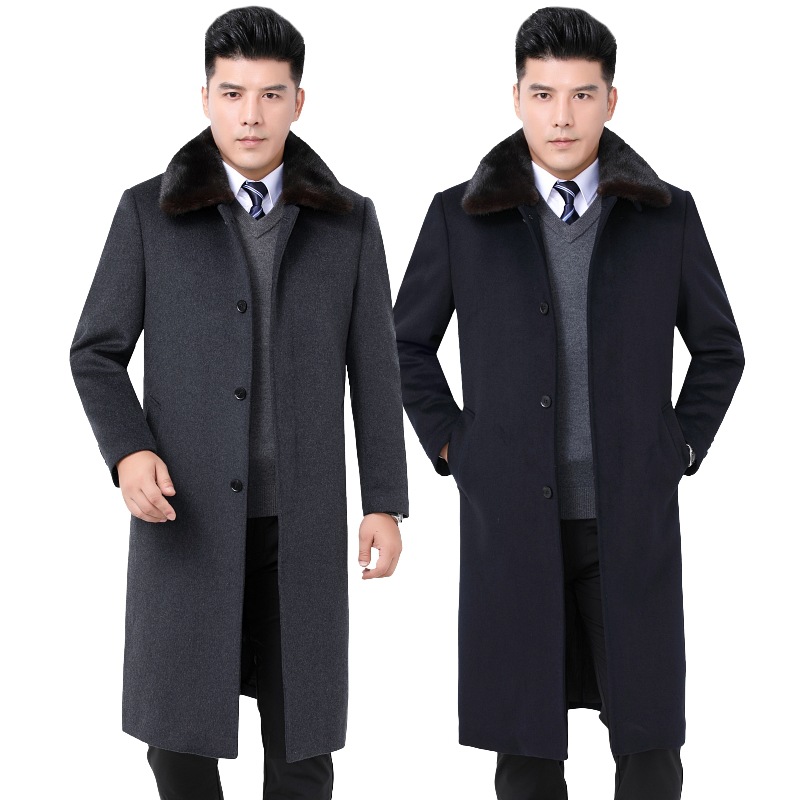 品牌羊绒大衣男2023冬季新款中年羊毛呢男式水貂毛领风衣保暖外套